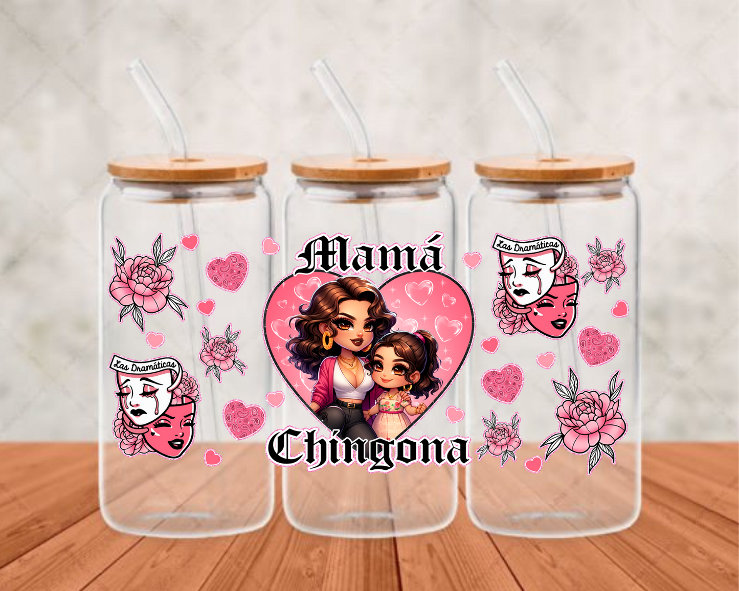 mama chingona pink heart UV- DTF Adhesive cup wrap