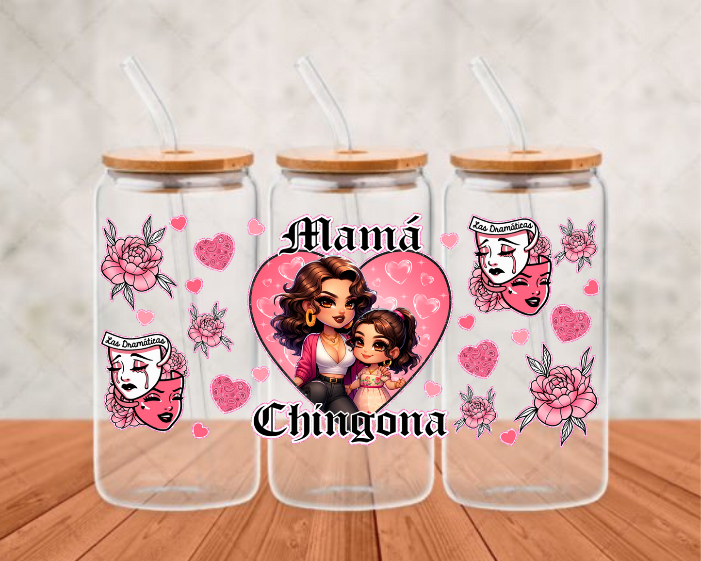 mama chingona pink heart UV- DTF Adhesive cup wrap
