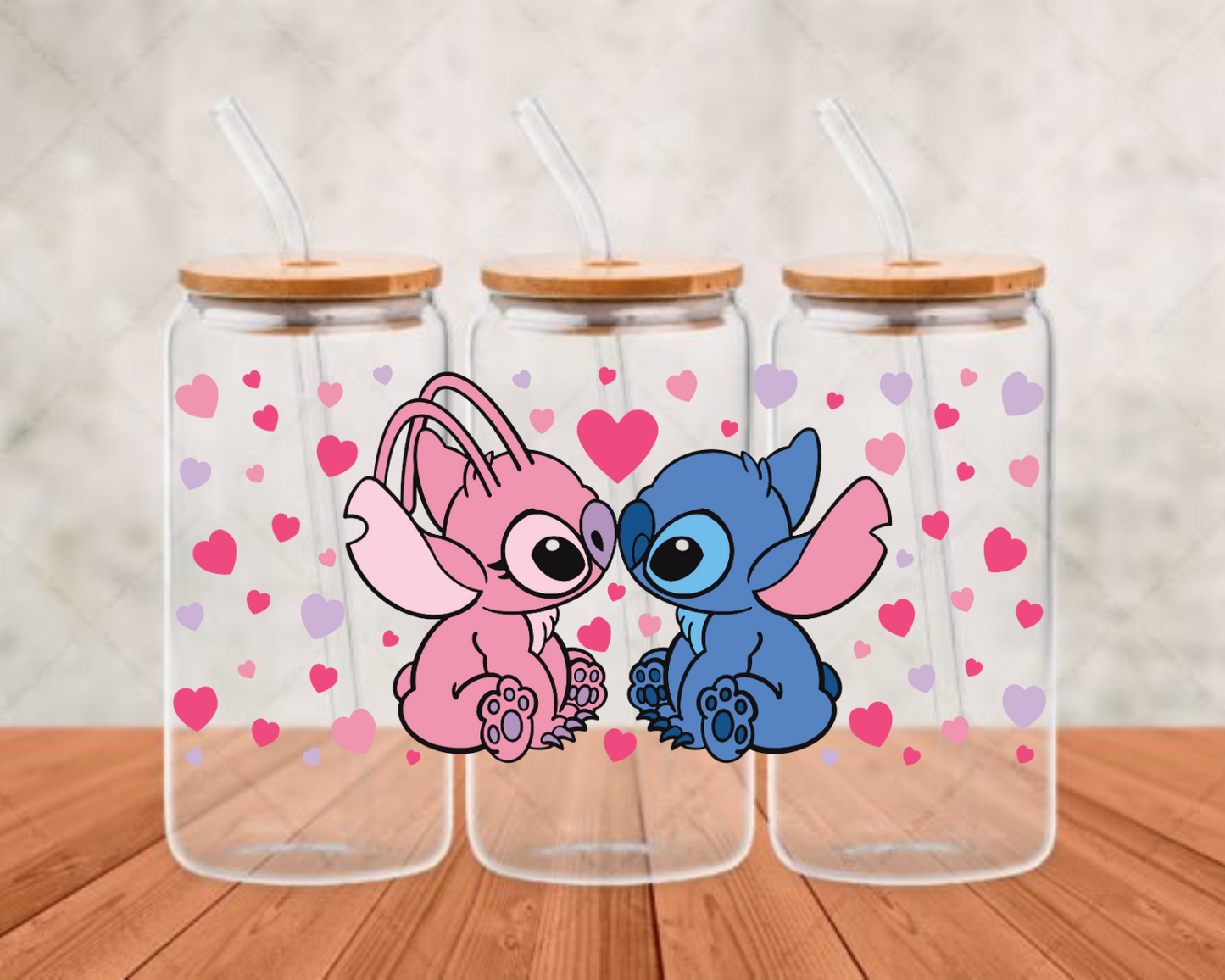 Stitch Kissing With Hearts UV-DTF (adhesive cup wrap)