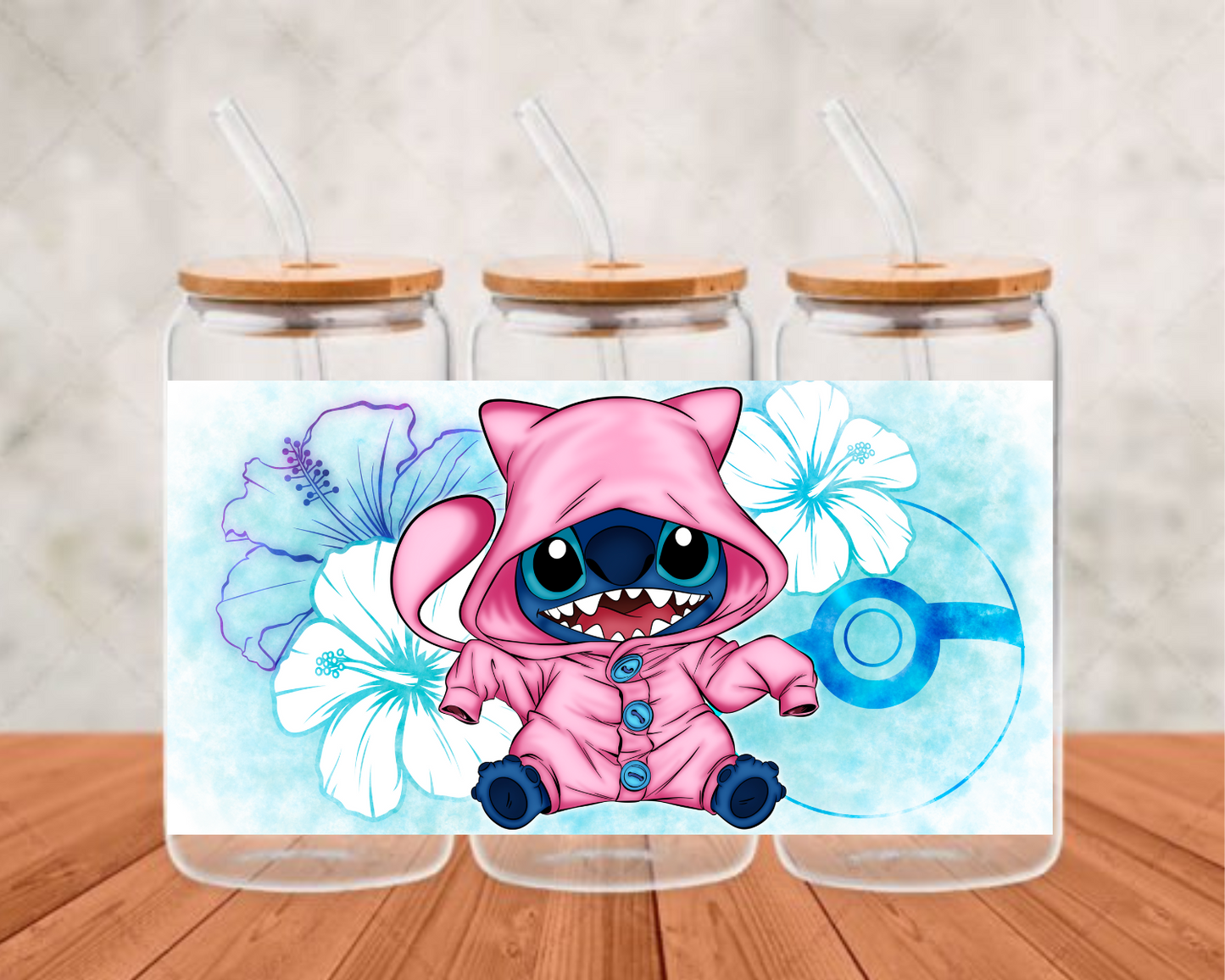 pink shirt blue cartoon  UV-DTF adhesive cup